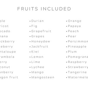 May include: A list of fruits, including apple, apricot, avocado, banana, blackberry, blueberry, cantaloupe, carambola, cherry, coconut, cranberry, dragon fruit, durian, fig, grapefruit, grapes, honeydew, jackfruit, kiwi, lemon, lime, lychee, mango, mangosteen, orange, papaya, peach, pear, persimmon, pineapple, plum, pomegranate, raspberry, strawberry, tangerine, and watermelon.