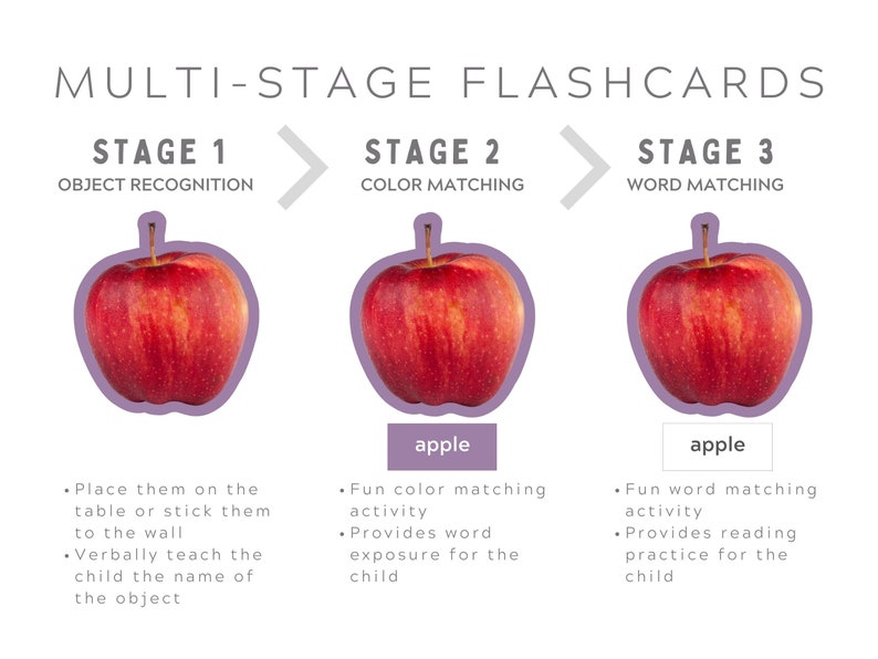 Multistage fruit flashcards for toddlers, preschoolers and kindergarten.