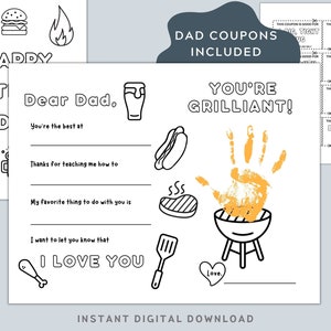 Vaderdagkaart van Kids. BBQ Grill thema handafdruk kunst, vul de lege plekken in, kleuractiviteit. Cadeau voor papa. Digitaal afdrukbaar.