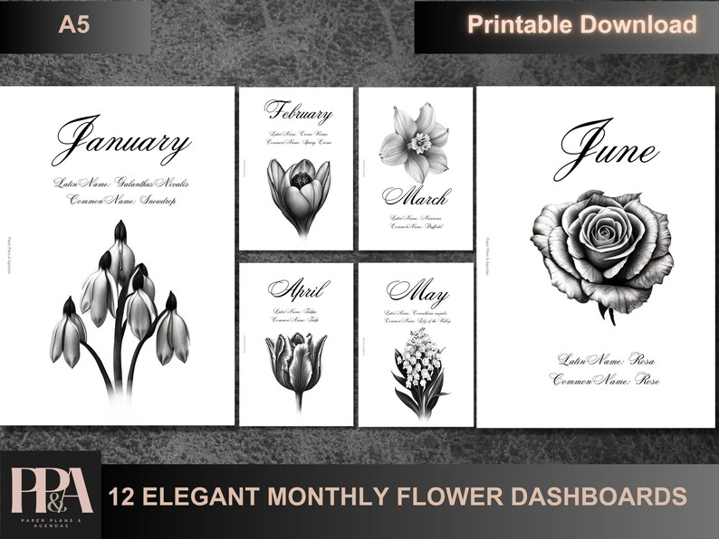A5 | 12 Elegant Monthly Flower Dashboards | Printable | Bring the ...