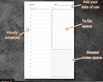 Könnte beinhalten: Ein druckbarer Tagesplaner-Einsatz mit weißem Hintergrund und schwarzem Text. Der Planer enthält einen Stundenplan, eine To-Do-Liste und einen Notizbereich. Der Text enthält "DAILY", "SCHEDULE", "TASKS" und "SMART UNDATED DAILY INSERT PRINTABLE".