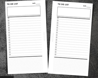 May include: Printable to-do list planner insert with a black and white design. The planner has a section for the date, a to-do list, and a dotted grid section.