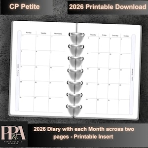 May include: A printable 2026 diary insert with each month displayed across two pages. The open planner shows a January calendar with dates and days of the week. The text "CP Petite" and "2026 Printable Download" are at the top.