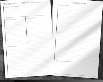 HALF LETTER | Minimalist style Meeting Notes | Extra Notes Pages file | PDF | Instant Download | Printable |