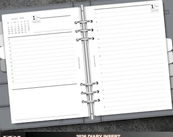 May include: Open A5 size printable diary insert for 2026. The pages are white with horizontal lines for daily entries. The left page has a small calendar for January 2026. The text "Printable Download" is at the top.