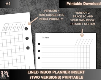 May include: Printable A5 planner insert with two versions. The first version has a suggested inbox priority system with columns labeled "Important & Urgent", "Important", "Urgent", "Neither", and "Complete?" The second version has a blank grid for users to create their own inbox priority system.