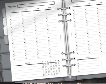 May include: A5 undated weekly planner printable with a minimalist design. The planner includes sections for each day, a tracker, and a to-do list. The text "Printable Download" and "UNDATED Weekly at a Glance Printable" are visible.