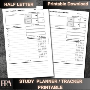 May include: Printable study planner and tracker with sections for subject, date, expected study hours, time table, topics to study, and study progress. The planner is designed for half letter size paper.