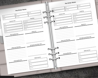 May include: A printable A5 planner for pet sitters. The planner includes sections for contact information, feeding, morning routine, medicine, afternoon routine, allergies and other info, evening routine, and veterinarian information.