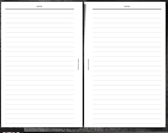 Könnte beinhalten: Druckbarer, linierter Notizeneinsatz für einen Planer im Format Halb-Brief. Der Einsatz hat einen weißen Hintergrund mit schwarzen Linien und das Wort "NOTES" oben.
