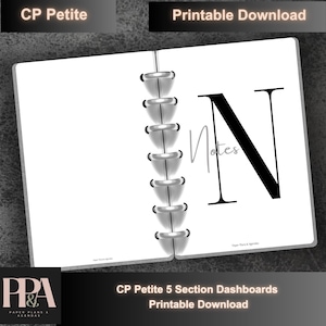 May include: Open white planner with silver binding rings. The right page features a large black letter "N" with the word "Notes" in a light gray script. The top banner reads "Printable Download."
