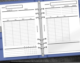 A6 Undated Weekly Planner Insert: Side by Side Layout (PDF)