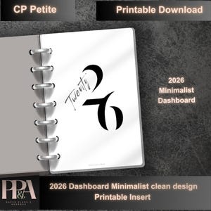 Puede incluir: Inserto de panel minimalista 2026 con un diseño limpio. La página blanca presenta un gran "26" negro con "Twenty" en escritura. El inserto es parte de una agenda, con el texto "CP Petite" y "Printable Download".