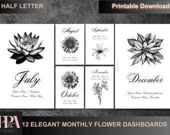 May include: Twelve black and white printable flower illustrations for each month of the year. The illustrations include a water lily, sunflower, daisy, poinsettia, lily, and more. The text "12 Elegant Monthly Flower Dashboards" is at the bottom of the image.