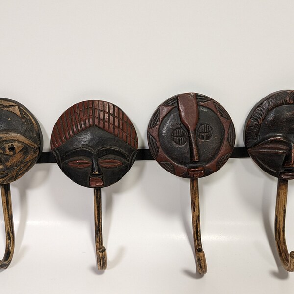 Handcrafted African Carved Wood Hook Rack Masks Painted Wall Art/Price Reduced for End of Year Inventory