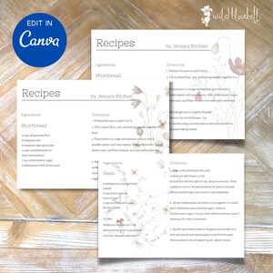Wildflower, Recipe Card Template, Printable Recipe Cards, Editable Recipe Card Template, Recipe Binder Cards, Minimalist Editable Recipe