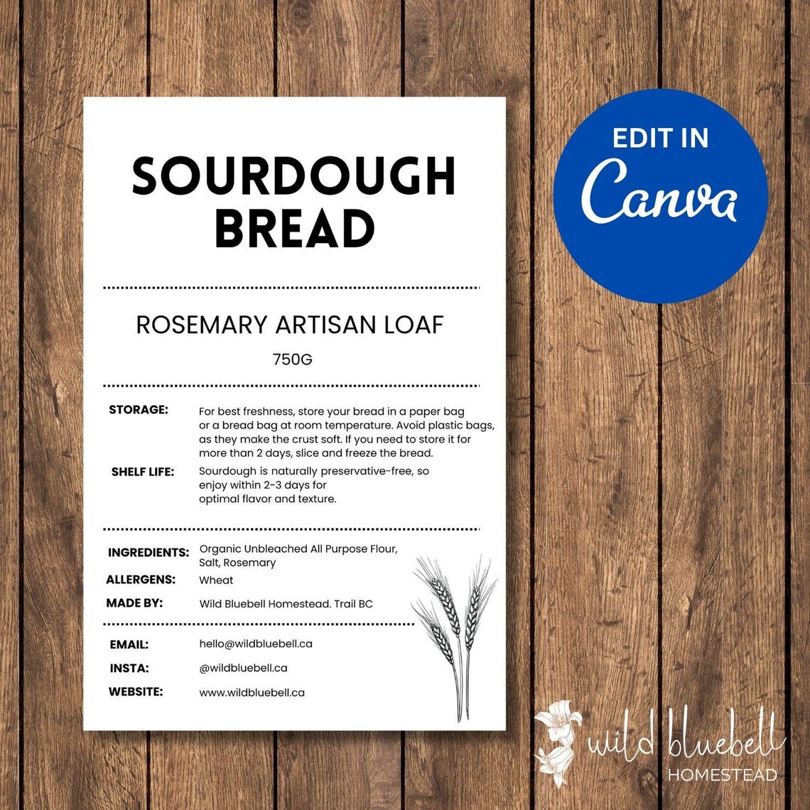 Editable Sourdough Bread Label Template, 6x4, Canva (digital Download ...