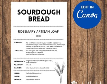Plantilla editable de etiqueta para pan de masa madre, 6x4, Canva (Descarga digital)