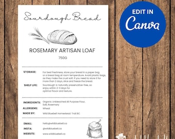 Etiqueta editable para panadería artesanal, pan de masa madre, plantilla Canva (digital)