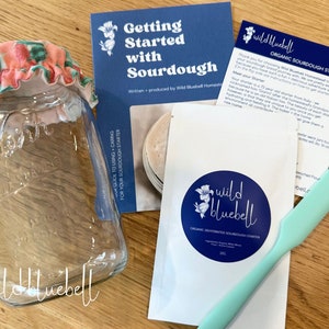Sourdough Starter Kit with Vintage Mason Jar, Jar Cover, Spatula, Starter Culture & 28 Page Guide - Perfect for Beginners