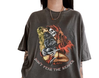 1992 Don't Fear The Reaper Motorcycle Graphic T Shirt | Vintage Unisex Garment-Dyed Daytona Beach Bike Week Shirt, Horror Grim Reaper Shirt