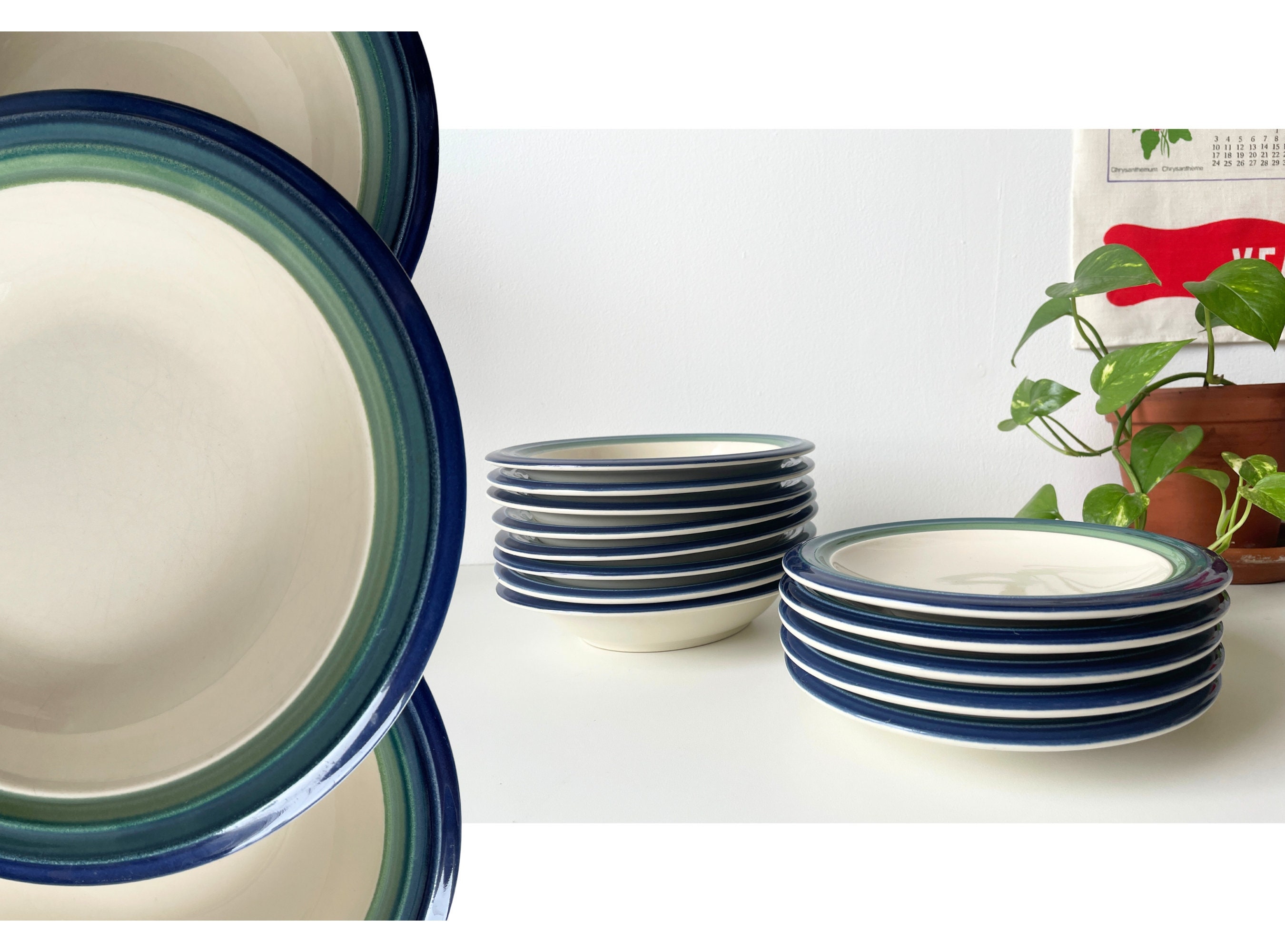 Pfaltzgraff Ocean Breeze Dinnerware 8 Blue Teal Green Band Rimmed Soup Bowls Side Plates Vintage Stoneware Transferware Etsy