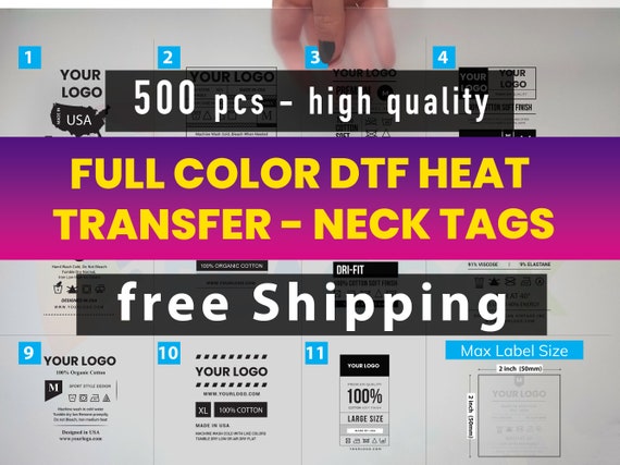 500 pcs. Tagless Clothing labels, Custom Neck Labels, Custom Heat Transfer Label, Iron-on Printed, dtf Printed, Print ready labels, Vinly