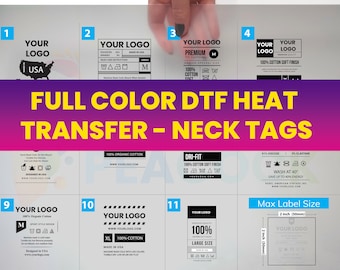2000 pcs. Tagless Clothing labels, Custom Neck Labels, Custom Heat Transfer Label, Iron-on Printed, dtf Printed, Print ready labels.