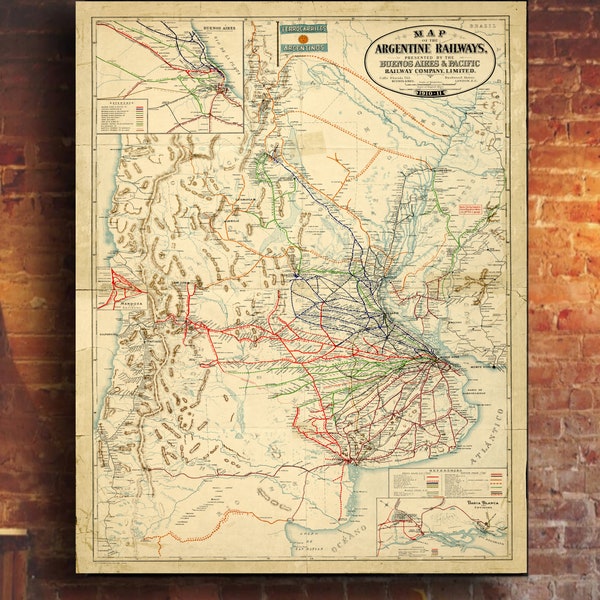 Digital, 1911, Map of the Argentine Railways. ,Vintage Map of Argentina