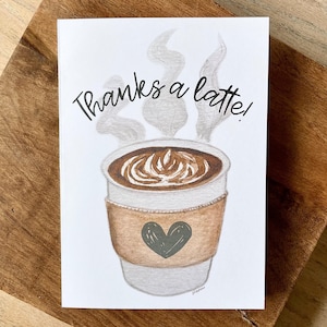 Kaffee-Thema Dankeskarte / handgemalter Aquarell-Kaffee dank einer Latte-Gruß-Karte / Wertschätzungskarte innen leer für Kaffee-Liebhaber