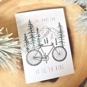 Tarjeta de Navidad de acuarela pintada a mano / Tarjeta de Navidad en bicicleta / Tarjeta de Navidad en bicicleta de montaña / Oh, qué divertido es montar tarjeta de Navidad