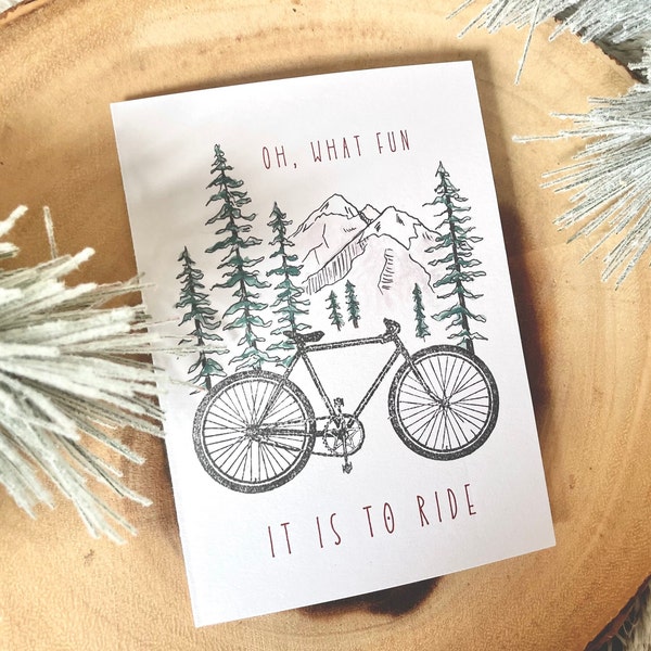 Hand Painted Watercolor Christmas Card / Bike Christmas Card / Mountain Bike Christmas Card/ Oh What Fun It Is To Ride Christmas Card