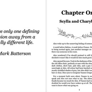 May include: A book page with the title "Chapter One: Scylla and Charybdis." The text includes a quote: "You are only one defining decision away from a totally different life." by Mark Batterson. The page has a floral design.