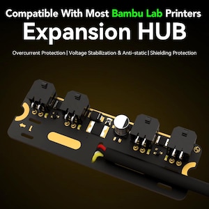May include: A black Expansion HUB for Bambu Lab printers. The device has multiple ports and a black cable. Text on the image reads "Compatible With Most Bambu Lab Printers" and "Expansion HUB". Additional text includes "Overcurrent Protection | Voltage Stabilization & Anti-static | Shielding Protection".