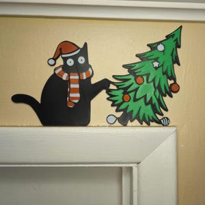 Christmas Black Cat Door Corner Topper | Cat Knocking Over Christmas Tree | Cat Lover Gift | Holiday Decor | Adorable Pet Sign