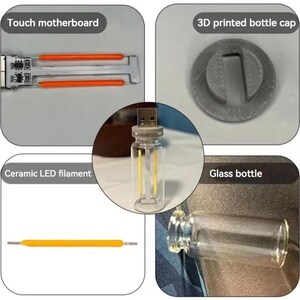 May include: A collection of components for an electronic device. Includes a touch motherboard, a 3D-printed bottle cap, a ceramic LED filament, and a glass bottle. The central image shows a glass bottle with a USB connector.
