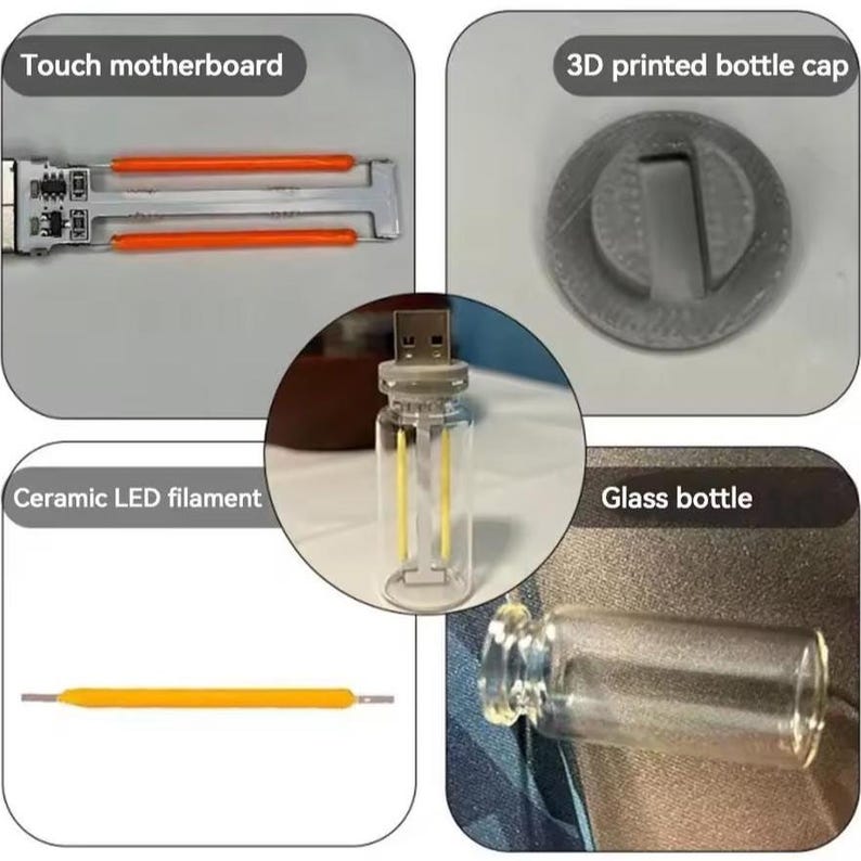 May include: A collection of components for an electronic device. Includes a touch motherboard, a 3D-printed bottle cap, a ceramic LED filament, and a glass bottle. The central image shows a glass bottle with a USB connector.