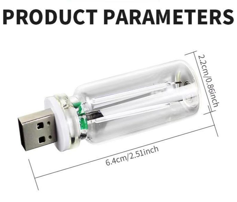May include: A clear glass USB drive shaped like a small bottle, with a silver USB connector. The bottle is 2.51 inches long and 0.86 inches wide. The text "PRODUCT PARAMETERS" is at the top.