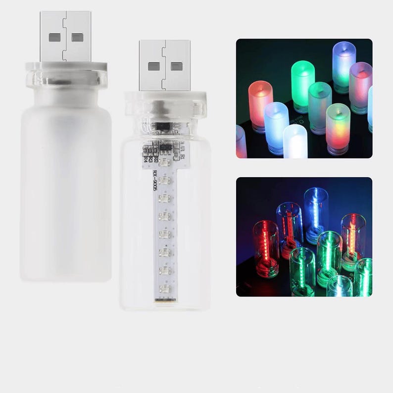 May include: Two USB-powered LED lights in a bottle shape. One is frosted, the other is clear, revealing internal components. Additional images show the lights emitting various colors, including red, green, blue, and white. The lights are cylindrical.