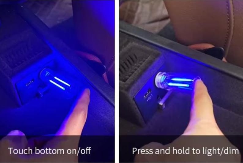 May include: A blue LED car interior light is shown in two images. The first image shows the light on, with the text "Touch bottom on/off". The second image shows the light being dimmed, with the text "Press and hold to light/dim".