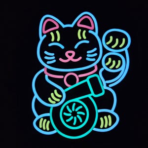 May include: A neon sign depicting a stylized cat with a raised paw, outlined in bright blue, pink, and light green. The cat features a smiling face, a collar with a circular charm, and holds a circular object with a central spiral design.