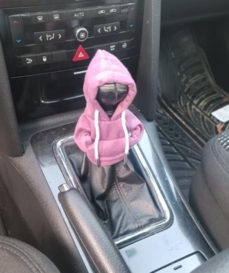 May include: A small, purple hoodie with white drawstrings, placed on a car's gear shift. The hoodie is a solid color and appears to be made of a soft material. The car's interior is visible in the background, including the dashboard and center console.