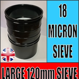 Może przedstawiać: Czarne plastikowe sito o średnicy 120 mm z filtrem 18 mikronów. Sito jest przeznaczone do filtrowania cieczy.