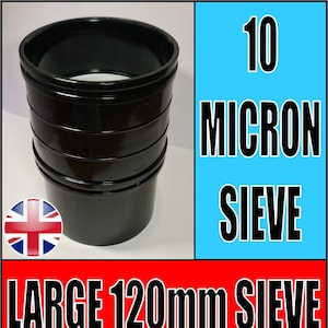 Może przedstawiać: Czarne plastikowe sito o średnicy 120 mm z filtrem 10 mikronów. Sito jest przeznaczone do filtracji na dużą skalę.