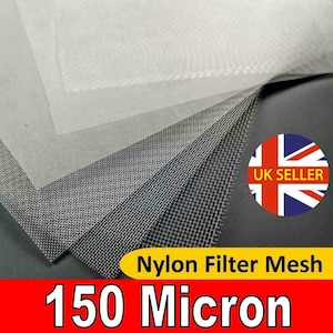 May include: A stack of four white nylon filter mesh sheets, each with a different size mesh. The mesh is 150 micron. The sheets are on a black surface. UK Seller is printed on a red, white, and blue flag.