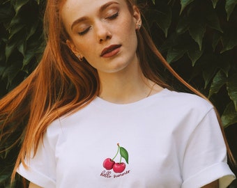 Cherry Graphic Print Gift Shirt For Women, Cherries Lover T-Shirt, Fruit Tee For Girlfriend, Hello Summer T Shirt, Trendy T-Shirt For Mom