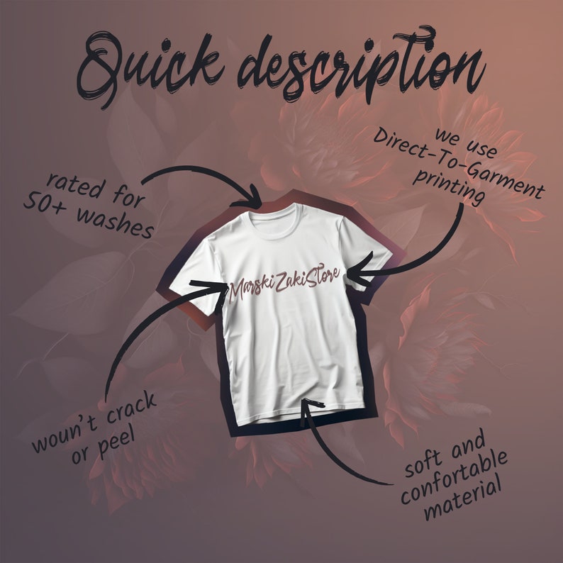 May include: White t-shirt with the text "Marski Zaki Store" printed on the front. The t-shirt is rated for 50+ washes, won't crack or peel, and is made of a soft and comfortable material. Direct-to-garment printing is used.