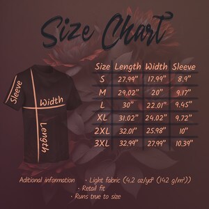 May include: Size chart for a t-shirt with measurements in inches for length, width, and sleeve. Sizes include S, M, L, XL, 2XL, and 3XL. Additional information includes fabric weight, fit, and sizing.