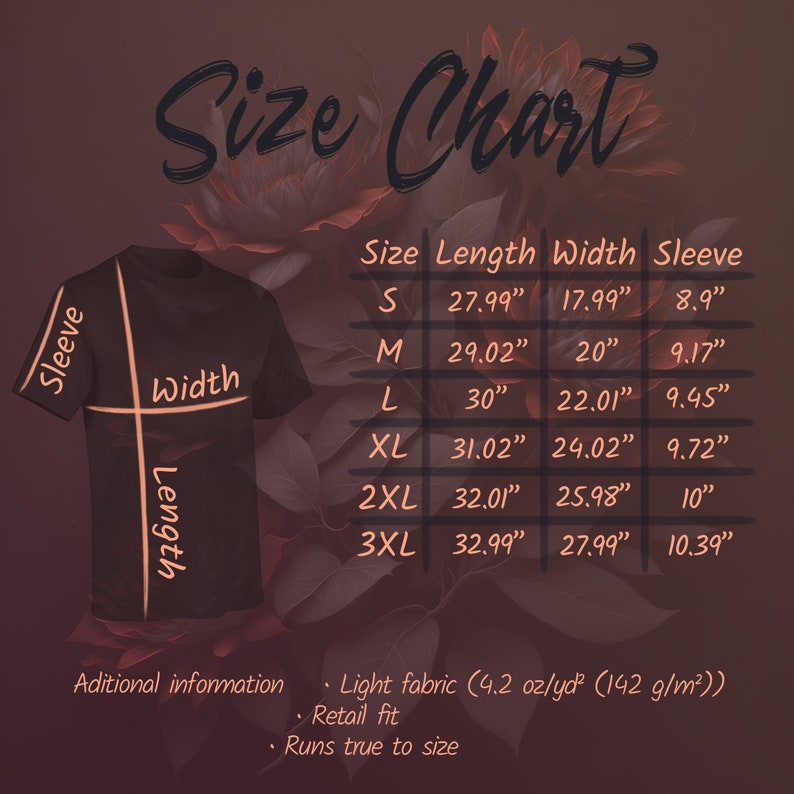 May include: Size chart for a t-shirt with measurements in inches for length, width, and sleeve. Sizes include S, M, L, XL, 2XL, and 3XL. Additional information includes fabric weight, fit, and sizing.