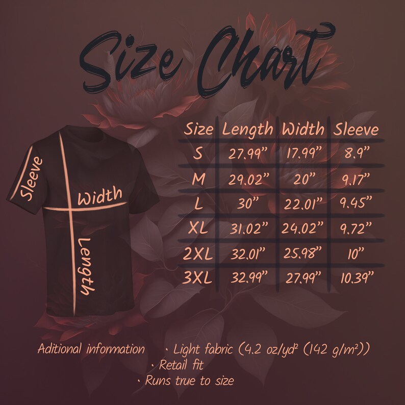 May include: Size chart for a t-shirt with measurements in inches for length, width, and sleeve. Sizes include S, M, L, XL, 2XL, and 3XL. Additional information includes fabric weight, fit, and sizing.